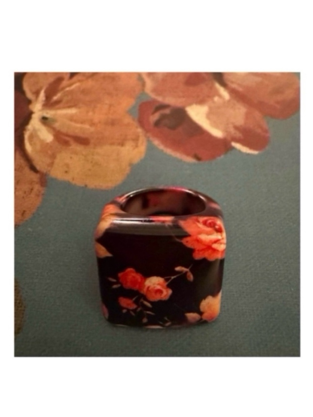 Chunky Acrylic Square Top Statement Ring in Vintage Inspired Floral Pattern